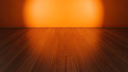 Empty room with wooden floor and orange wall. 3d rendering.の素材