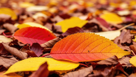 Autumn leaves on the ground. Colorful autumn leaves background.の素材