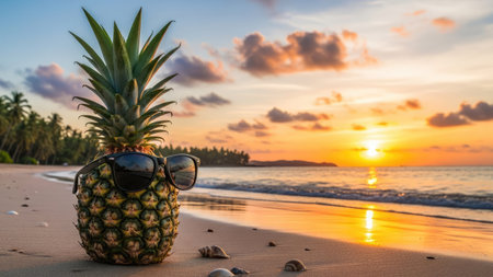 Pineapple with sunglasses on the beach at beautiful sunset background.の素材