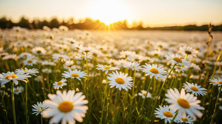 Field of daisies at sunset. Beautiful nature scene with blooming chamomile flowers.の素材
