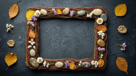 Easter frame made of dried flowers and leaves on dark background.の素材