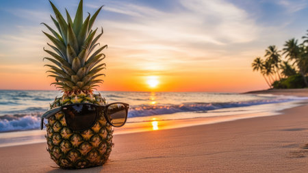 Pineapple with sunglasses on the beach at beautiful sunset background.の素材