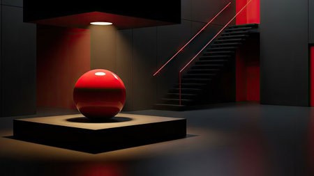 3D rendering of a red ball on a pedestal in a dark roomの素材