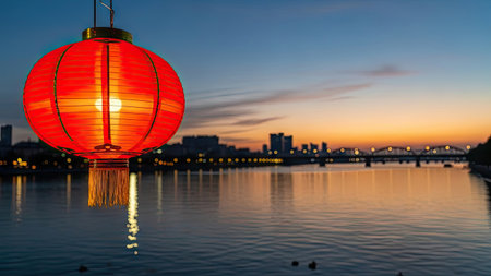 Red Chinese lantern on the river in the evening with cityscape backgroundの素材