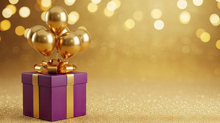 Gift box with gold balloons on bokeh background. 3D illustration.の素材