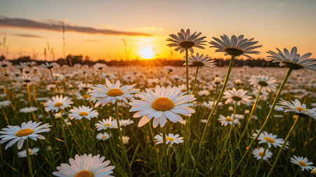 Beautiful daisies in the field at sunset. Summer landscape.の素材