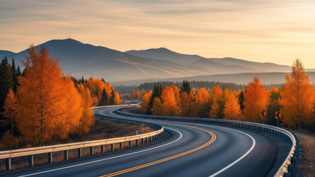 Asphalt road in the mountains at sunrise. Beautiful autumn landscape.の素材