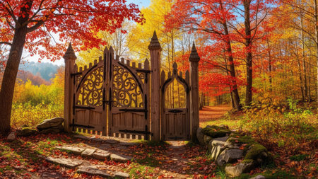 Wooden gate in the autumn forest. Wooden gate in the autumn forest.の素材