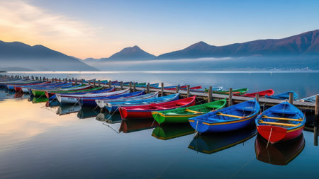 Colorful fishing boats on lake Como at sunrise, Lombardy, Italyの素材