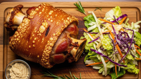 Smoked pork knuckle on a wooden board with salad and sauceの素材