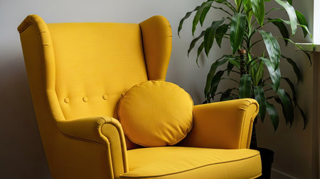 Yellow armchair with a pillow in the interior of the room.の素材