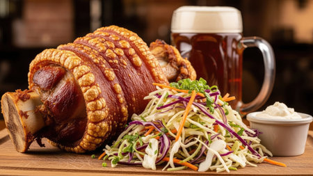 Smoked pork knuckle with coleslaw on a wooden boardの素材