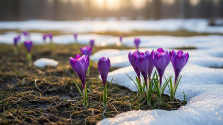 Purple crocuses in the snow in the rays of the setting sunの素材