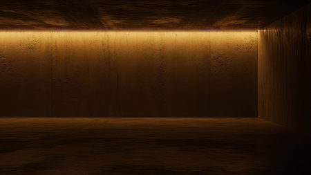 Empty room with wooden wall and floor illuminated by spotlights. 3D renderingの素材