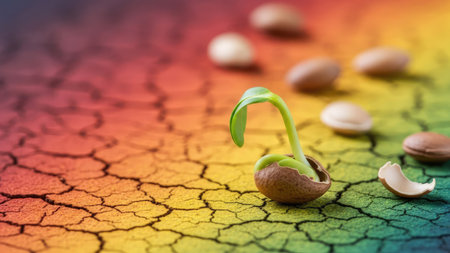 Green seedling on cracked earth background. Seedling illustrating concept of new lifeの素材
