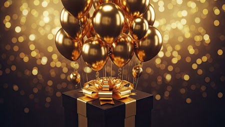 Gift box with golden bow and balloons. 3D Renderingの素材