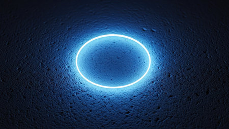 Blue neon light on the concrete wall. 3d render illustration.の素材