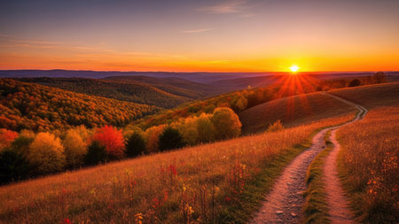 autumn landscape. dirt road on the hillside in the mountains at sunsetの素材