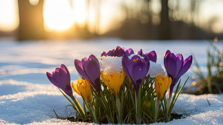 Beautiful crocuses in the snow at sunset. First spring flowers.の素材