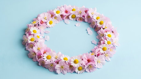 Wreath of beautiful pink flowers on a blue background, top viewの素材