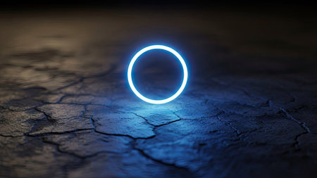 Glowing neon circle on cracked ground background. 3d rendering.の素材