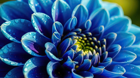 Close up of blue dahlia flower with water drops on petalsの素材