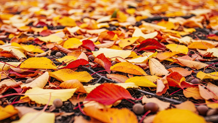 Fallen leaves on the ground in autumn park. Fall background.の素材