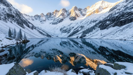 Mountains reflected in the calm water of the lake. Winter landscape.の素材