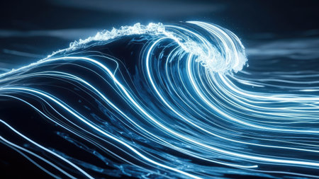 3D illustration of abstract blue background with waves and light effects.の素材