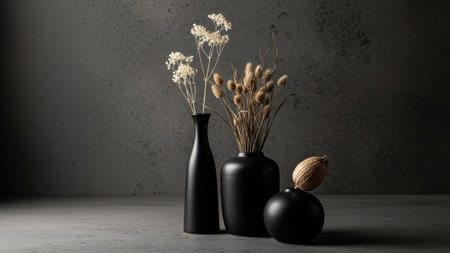 Stylish black vases with dried flowers on gray concrete background.の素材