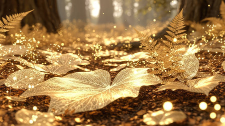 Golden leaves in the forest with golden bokeh. 3d renderingの素材