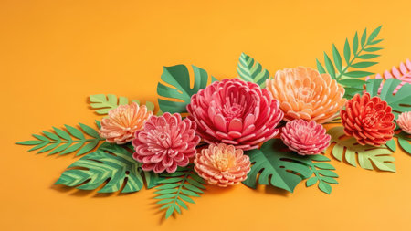 Colorful artificial flowers on orange background. Flat lay, top view.の素材