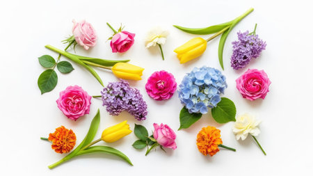 Colorful flowers on white background. Flat lay, top view.の素材