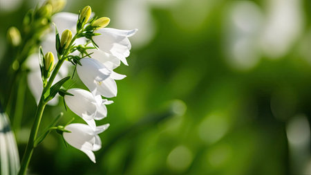 Close up of white bellflowers on green bokeh backgroundの素材