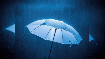 Rainy weather concept with umbrella and rain drops on dark background.の素材