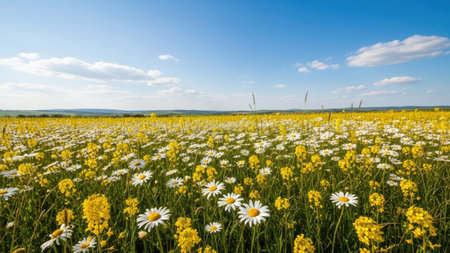 Field of daisies and blue sky with white clouds in summerの素材