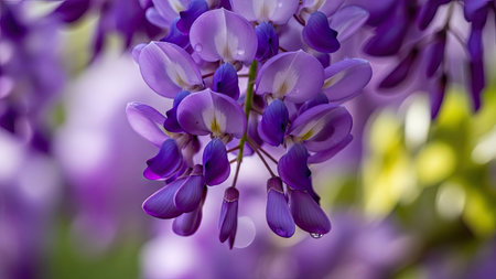 Purple Wisteria flowers close-up on a blurred backgroundの素材