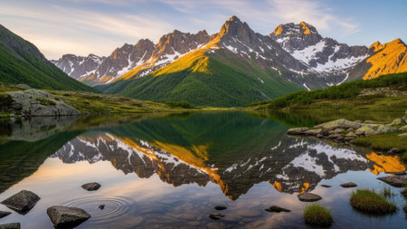 Mountains reflected in the water of a mountain lake at sunset.の素材