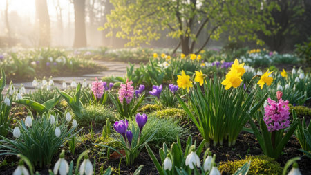 Spring flowers in the park. Beautiful spring landscape with blooming flowers.の素材