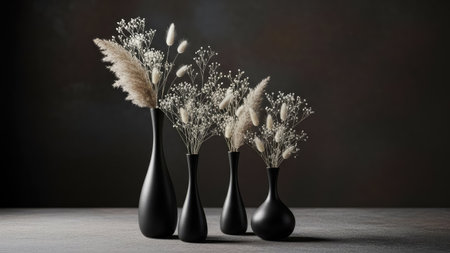 Three black vases with dried pampas grass on dark backgroundの素材
