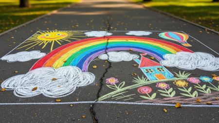 Rainbow painted on the asphalt in the park. Conceptual image.の素材