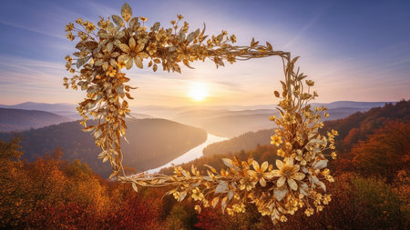 Wreath of golden leaves on the top of the mountain in autumnの素材