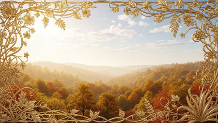 Fantasy autumn landscape with golden frame and foggy forest. 3d illustrationの素材