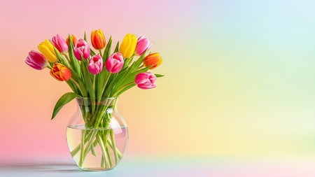 Bouquet of tulips in glass vase on colorful backgroundの素材