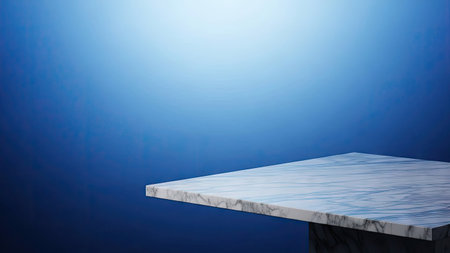 Empty white marble table top on blue background. For product display.の素材