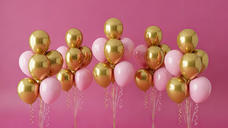 Group of golden and pink balloons with ribbons on pink background. 3D Renderの素材