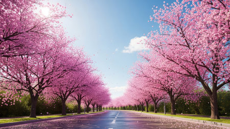 Cherry blossoms in full bloom on a sunny spring day.の素材