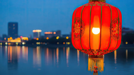 Chinese lanterns on the river in the night, Bangkok, Thailandの素材