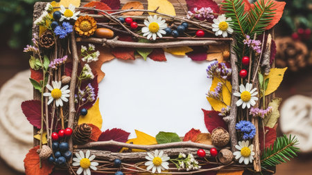 Autumn background with copy space. Frame made of dried flowers, leaves, berries, nuts and paper card.の素材