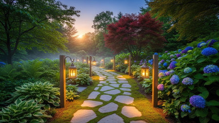 Hortensia garden at sunset with a path leading to the gardenの素材